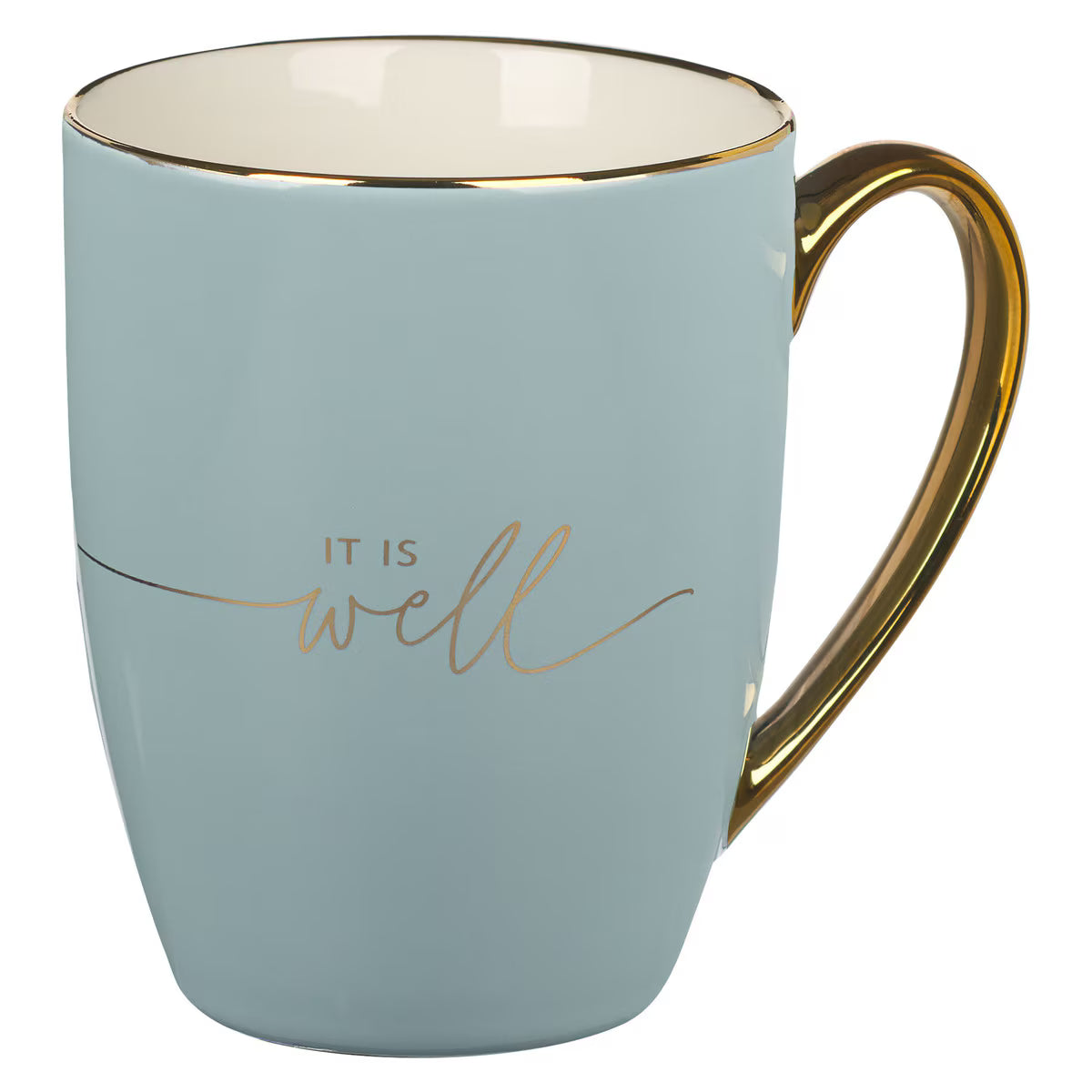 Light blue mug with gold handle and 'IT IS well' text on a white background