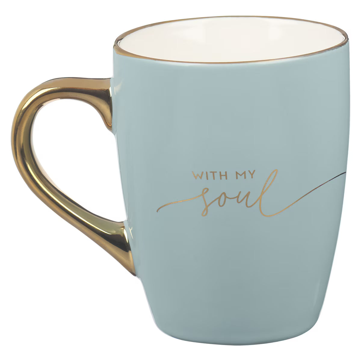 Light blue mug with gold handle and 'With My Soul' text on a white background