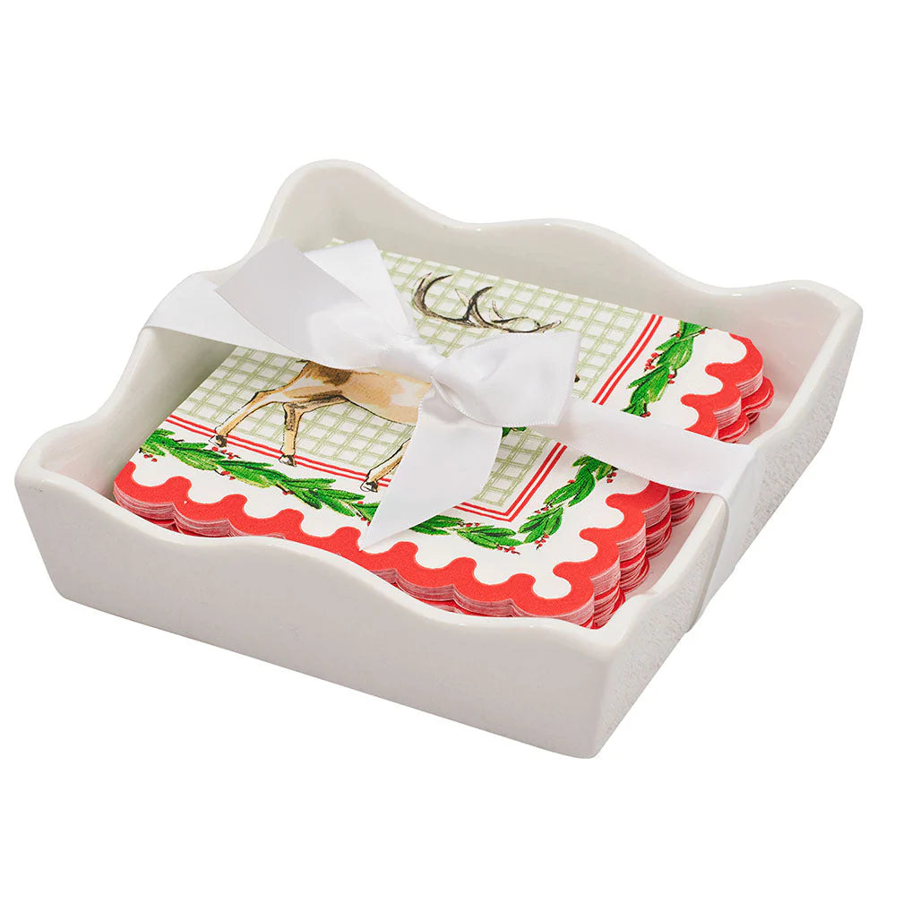 Seasonal - Cocktail Napkin Set - Ceramic Tray with Holly Berry Napkins white background