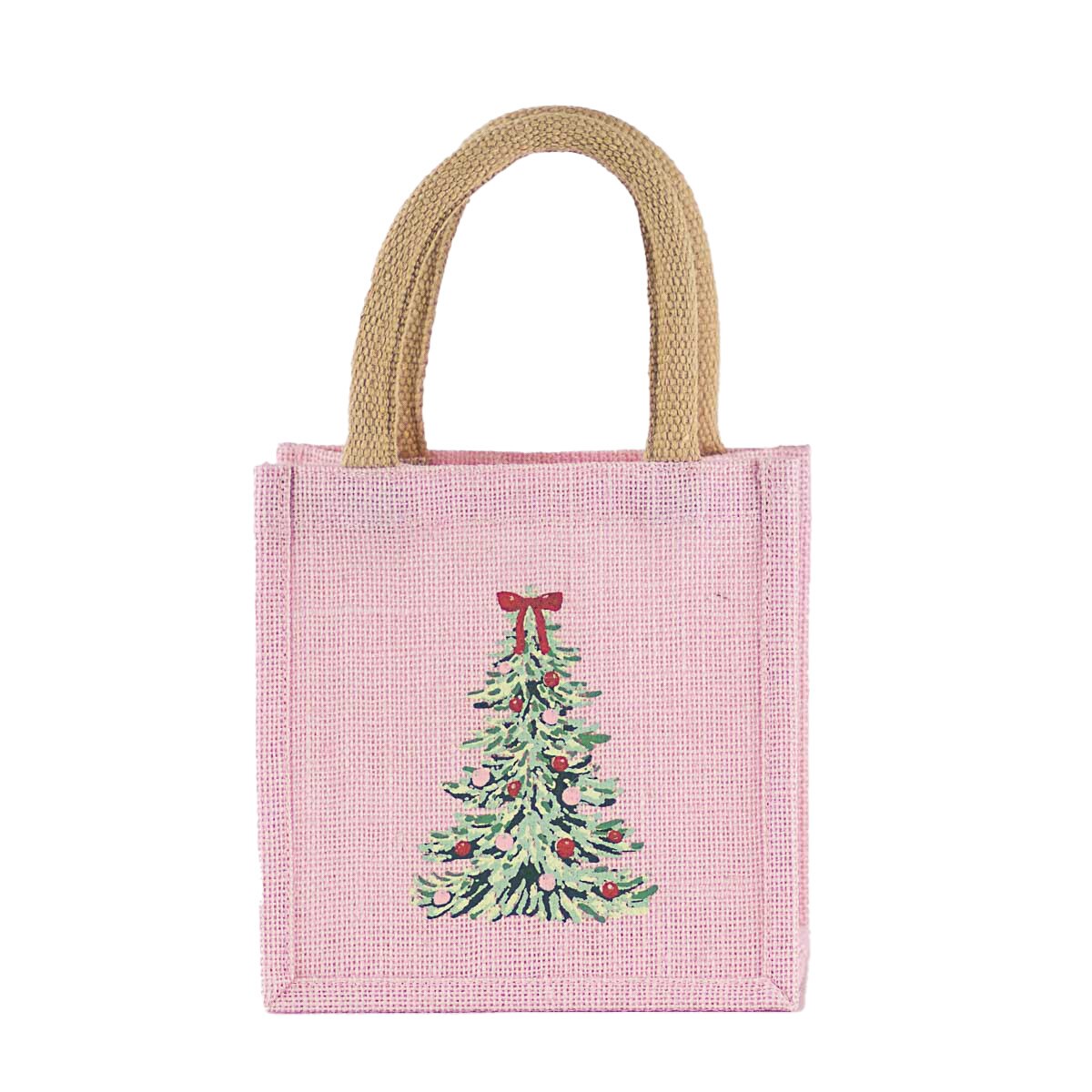 Pink jute bag with a Christmas tree design on a white background