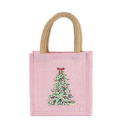 Pink jute bag with a Christmas tree design on a white background
