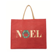 Red tote bag with 'NOEL' and a wreath design on a white background