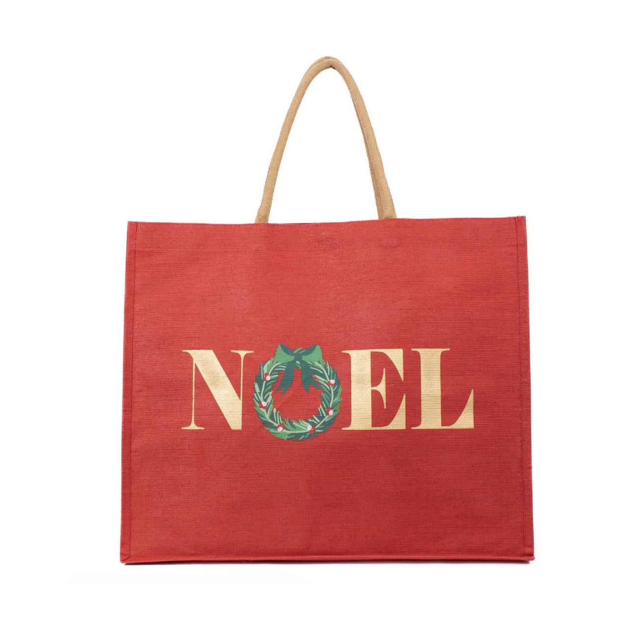 Red tote bag with 'NOEL' and a wreath design on a white background