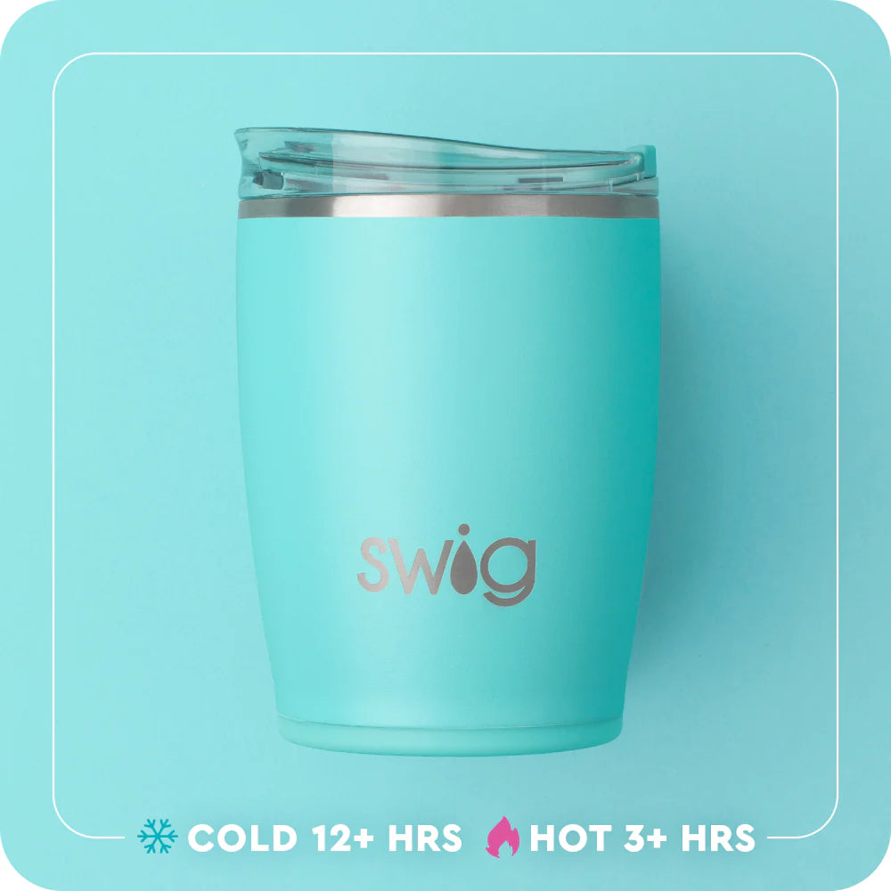 Turquoise tumbler with silver lid on a light blue background, featuring the Swig brand.
