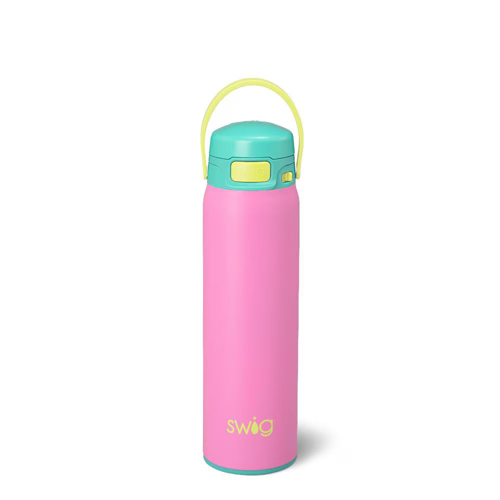 Pink water bottle with a turquoise cap on a white background