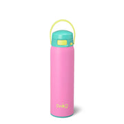 Pink water bottle with a turquoise cap on a white background