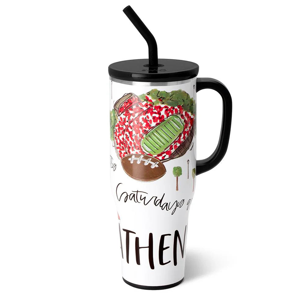 Travel mug with football design and text on a white background