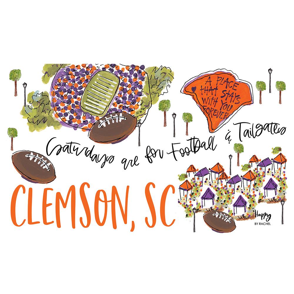Illustration of a football-themed scene with text about football and tailgating in Clemson, SC.
