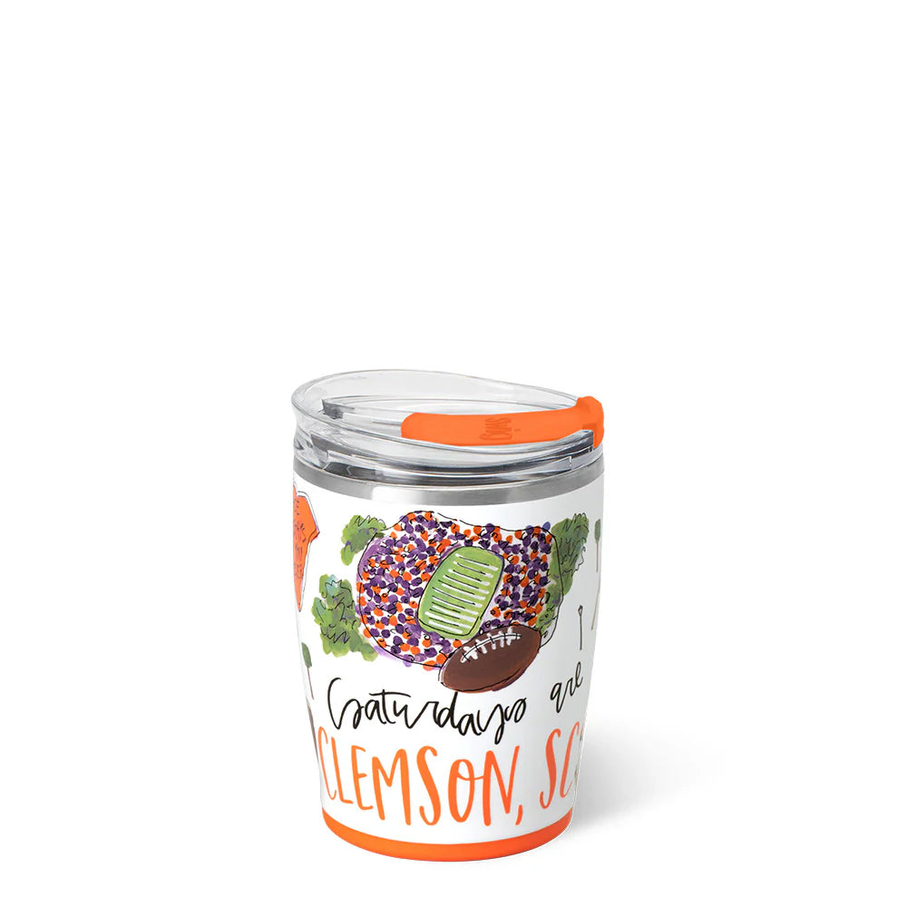 Tumbler with football design and 'Clemson, SC' text on a white background
