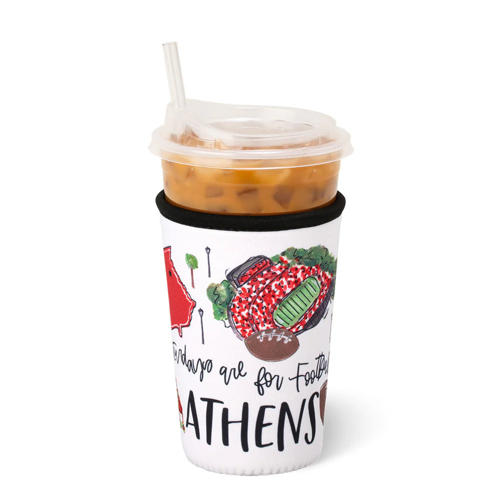 Tumbler with a design of food items and text on a white background