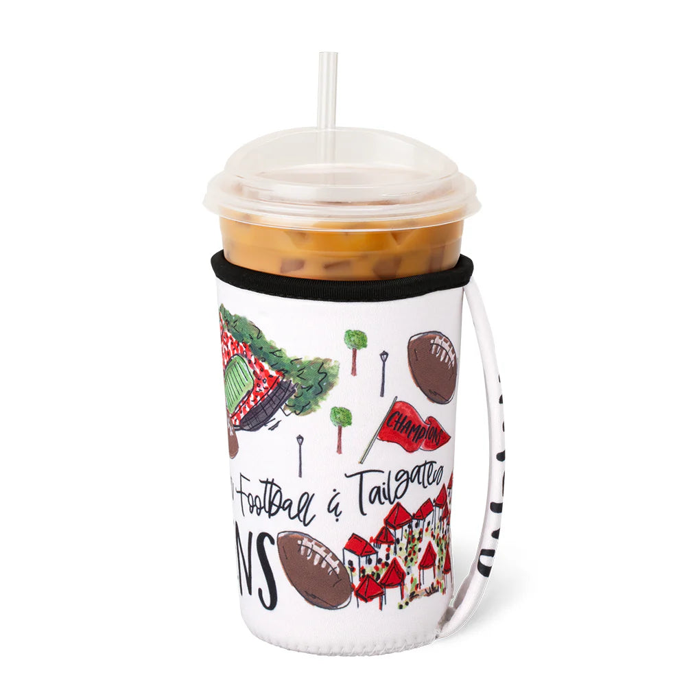 Tumbler with football-themed design and black sleeve on a white background