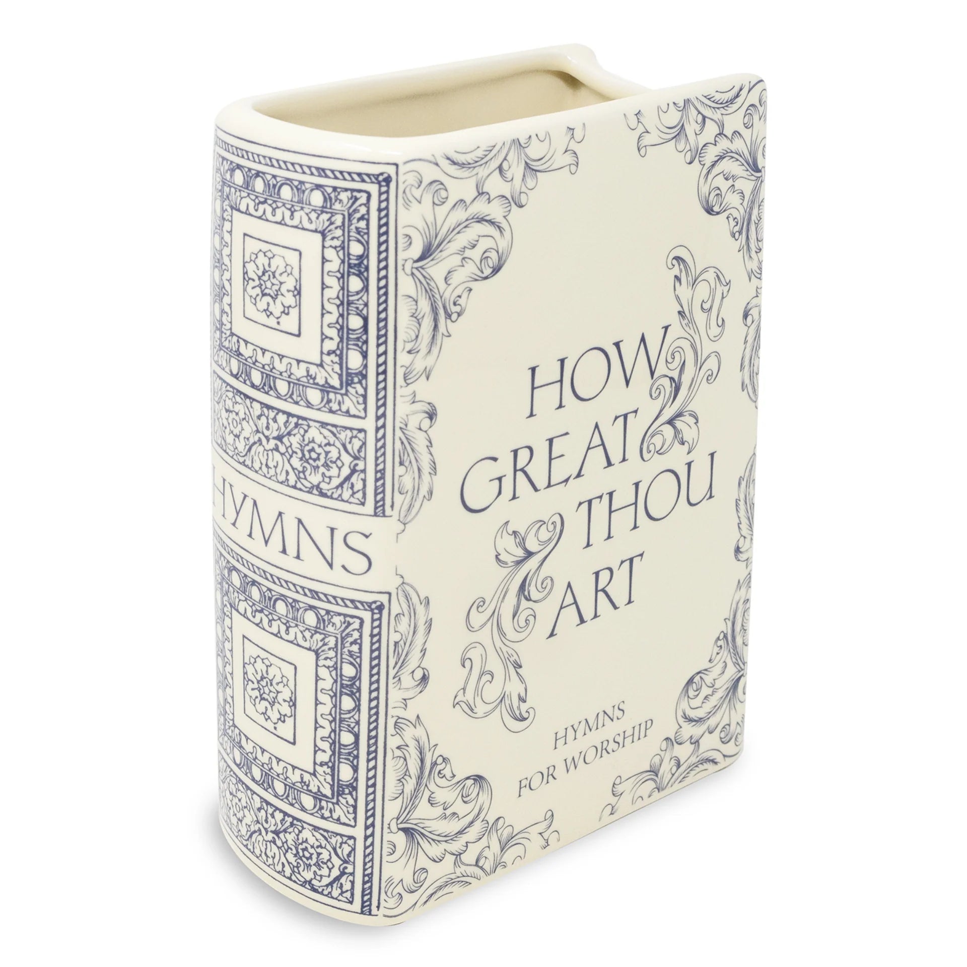 Decorative book-shaped container with 'How Great Thou Art' hymn book design on a white background
