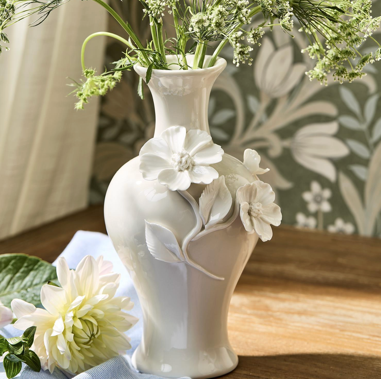 Vase - Ceramic with 3D Flowers - White - 8”