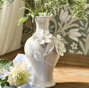 Vase - Ceramic with 3D Flowers - White - 8”