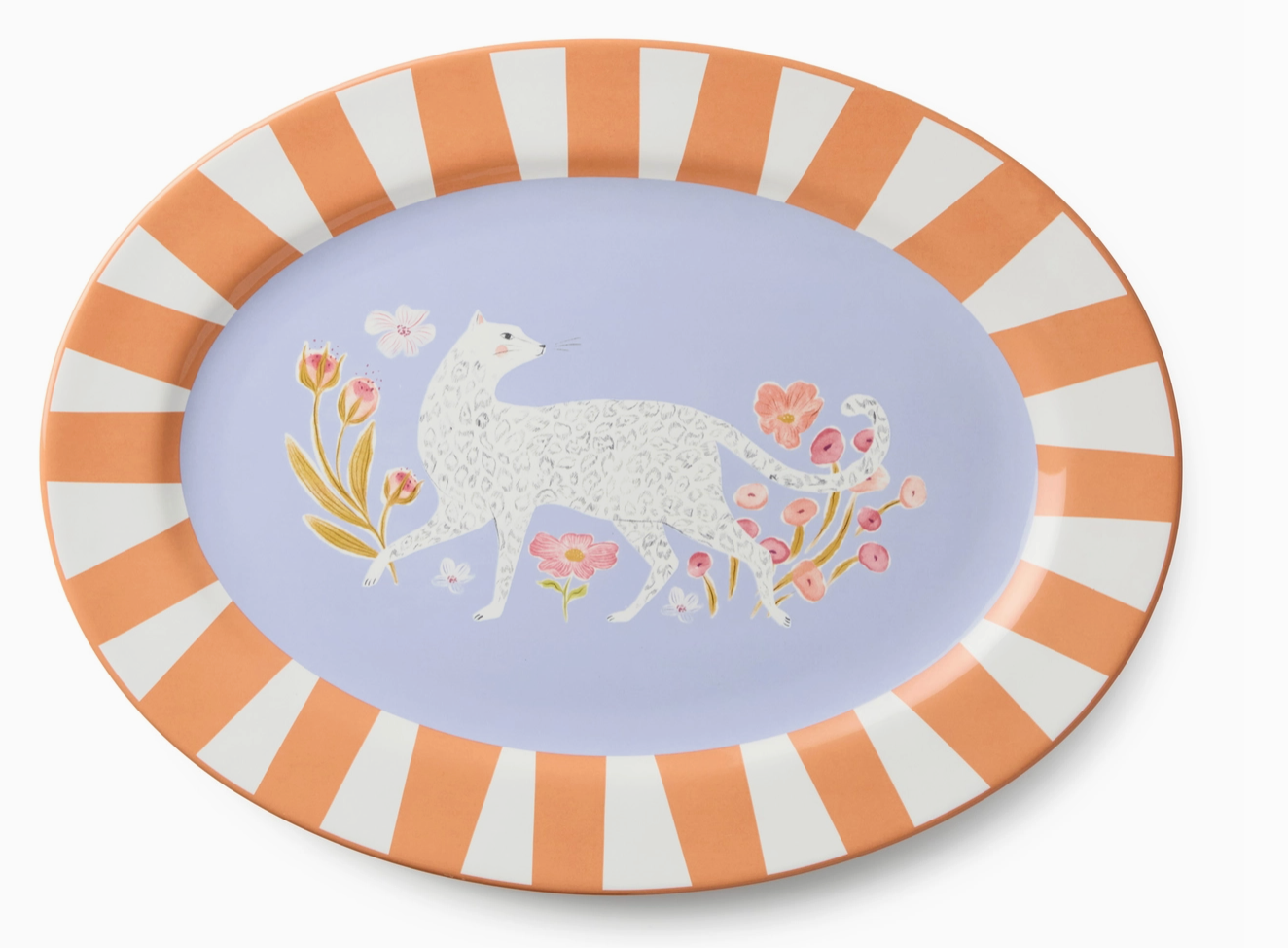 Decorative plate with a striped border and a white cat design on a purple background