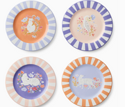 Set of four decorative plates with striped borders and animal illustrations on a white background