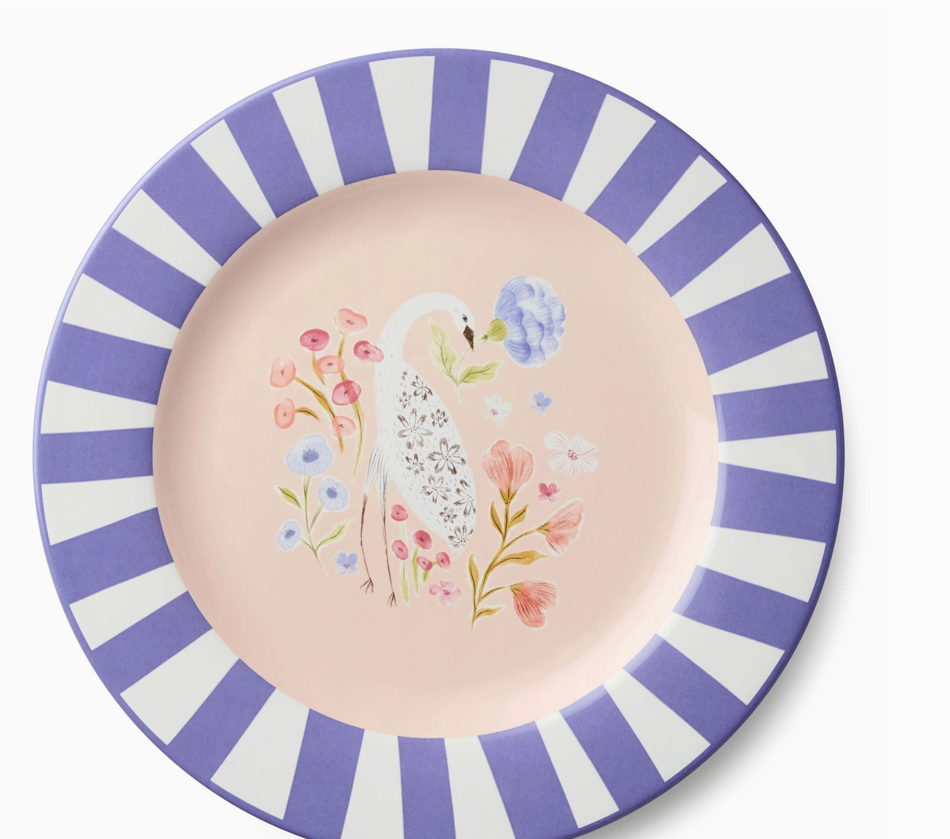 Decorative plate with a swan and floral design on a pink background with purple and white striped border.