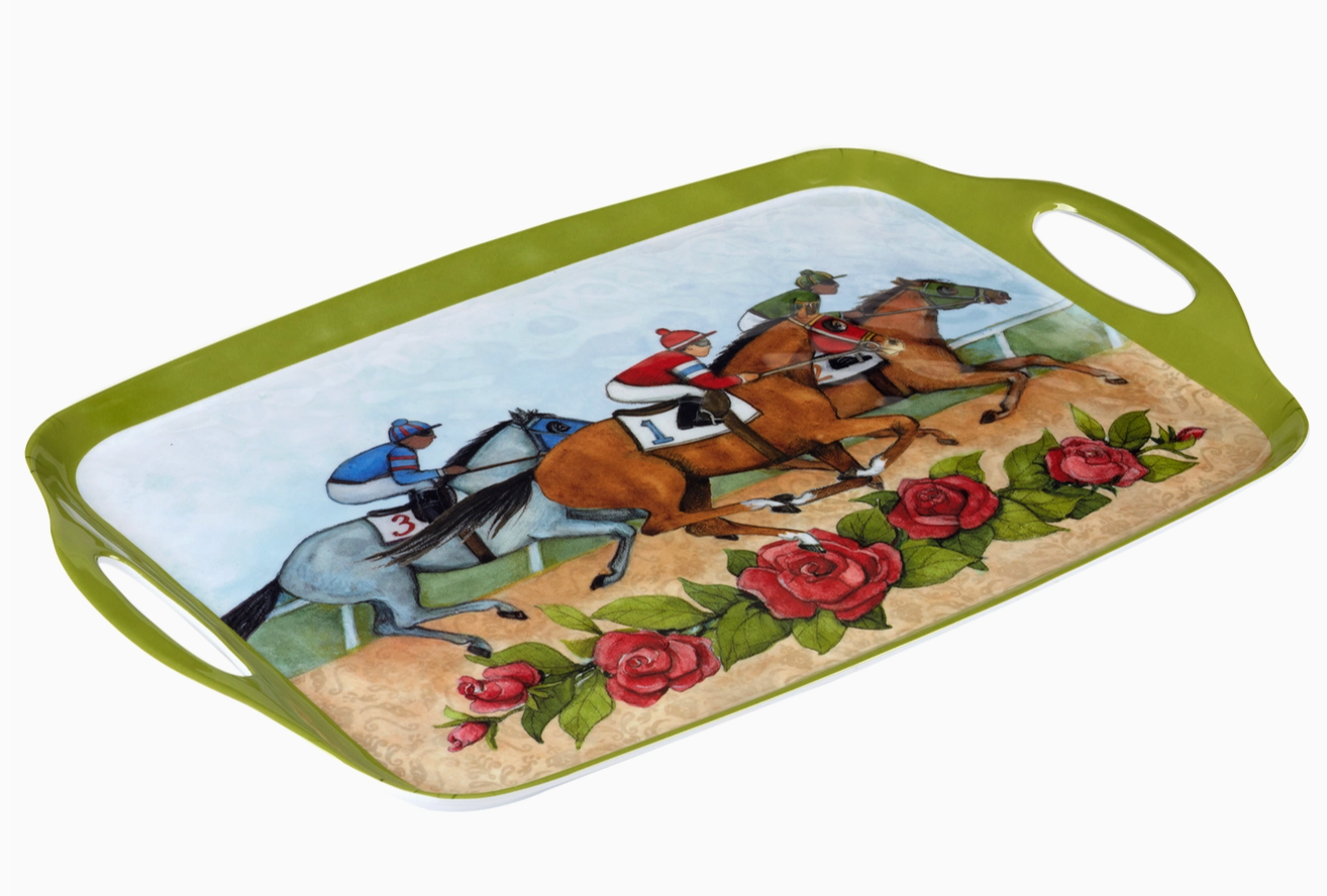 Melamine green trimmed tray with handles and horses racing with jockeys on their back on white background