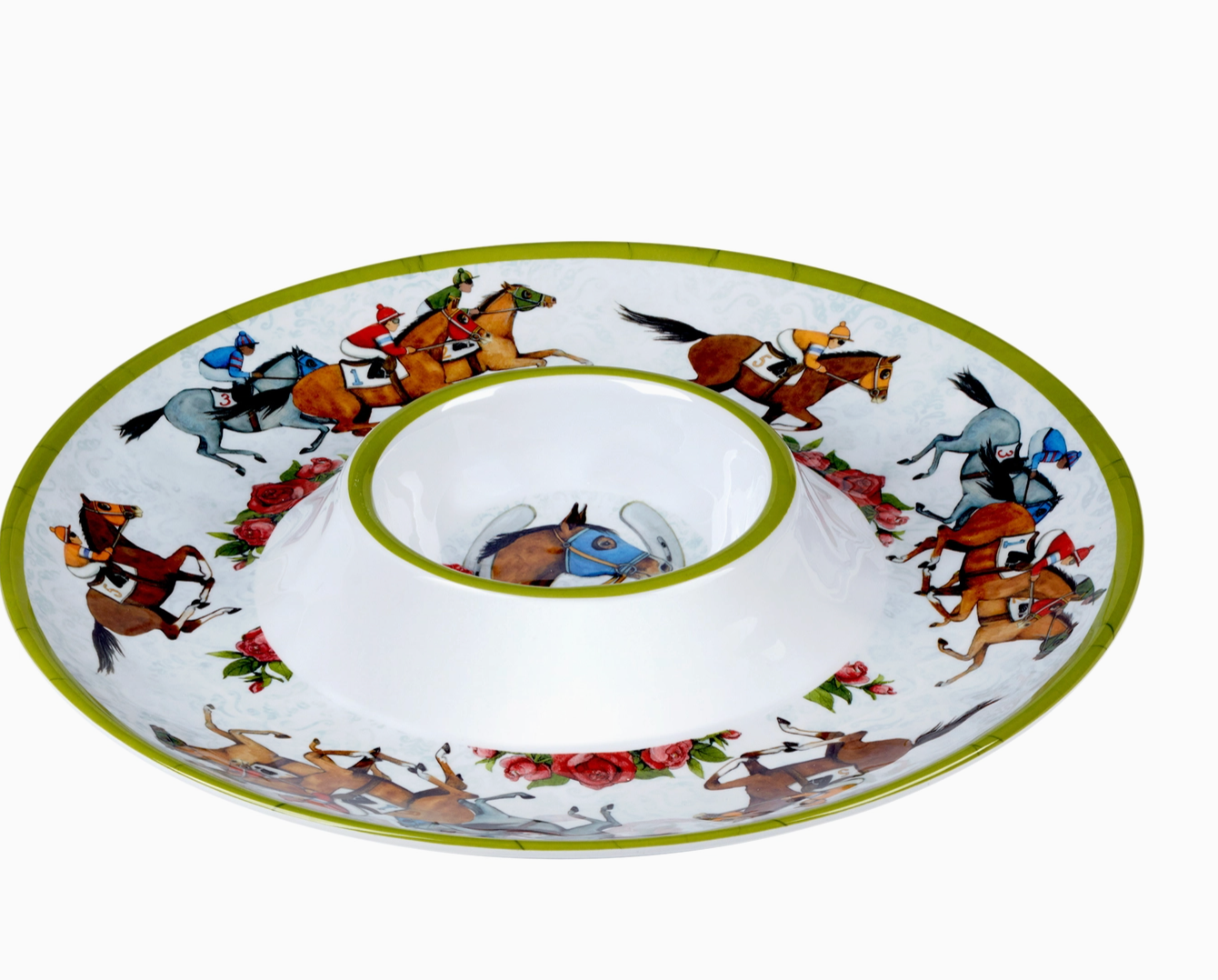 Decorative chip and dip plate with horse illustrations on a white background