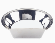 Silver ceramic bowl in the shape of a horseshoe with handles on a white background