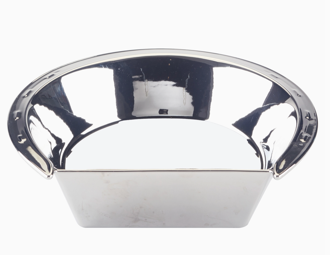 Silver ceramic bowl in the shape of a horseshoe with handles on a white background