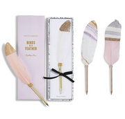 Decorative pink, white and gold feather with gold stylus pen set with packaging on a white background