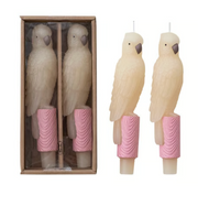 Two parrot-shaped candles with pink bases in a box on a white background