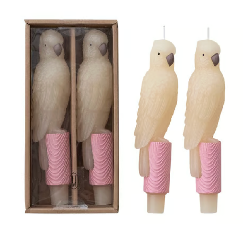 Two parrot-shaped candles with pink bases in a box on a white background