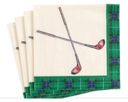 Cream colored cocktail napkins with green tartan border and 2 golf clubs in center