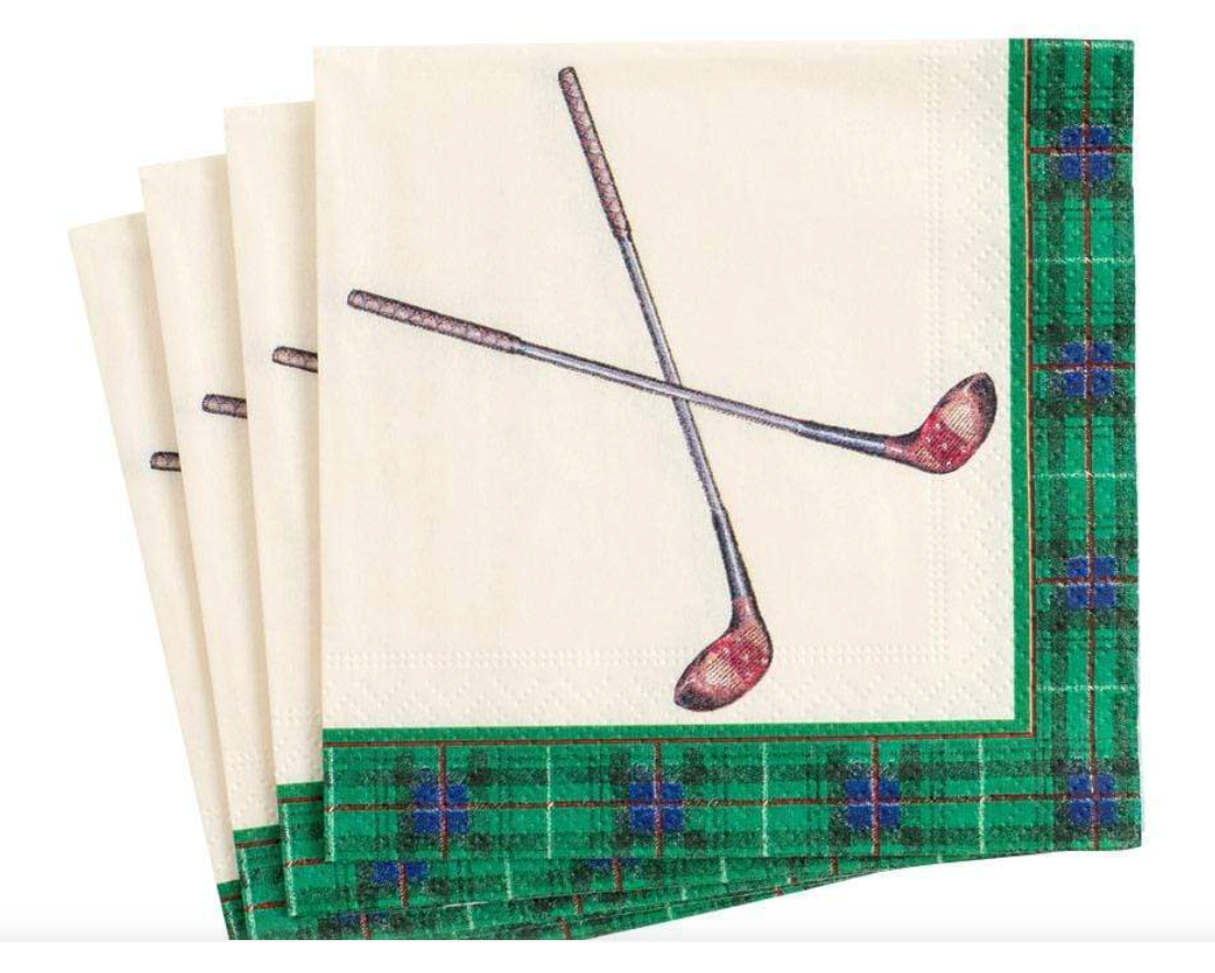 Cream colored cocktail napkins with green tartan border and 2 golf clubs in center