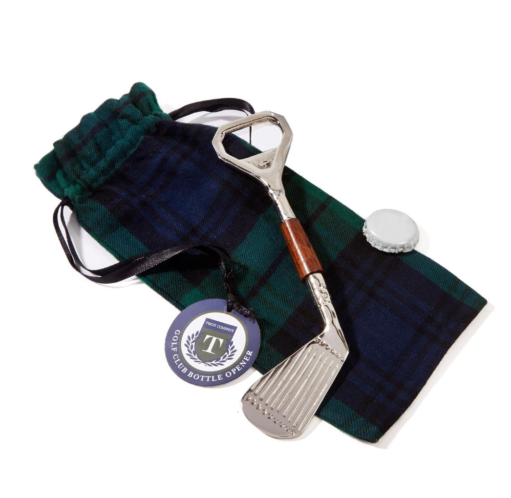 Golf club shaped bottle opener on dark watch plaid bag with white background