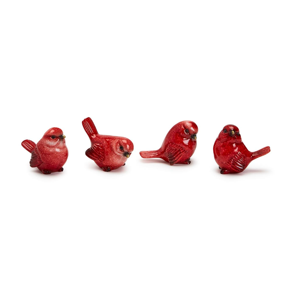 Two's Company brand 4 red cardinal birds with black beaks and eyes on a white background