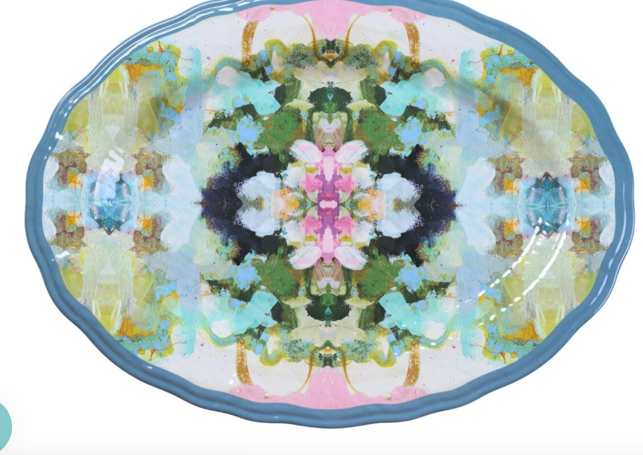 Laura Park  nantucket platter  with a colorful, abstract pattern on a white background