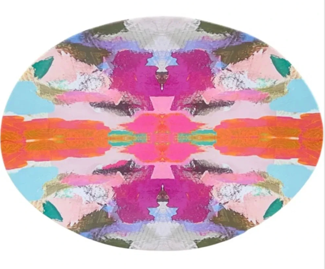 Laura Park Multi colored Oval Melaminre Antigua Smile Platter on white background 