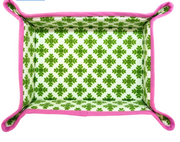 Brushstrokes Green Snap Tray by Laura Park Designs – waxed cotton decorative tray with green brushstroke pattern and pink trim, white background