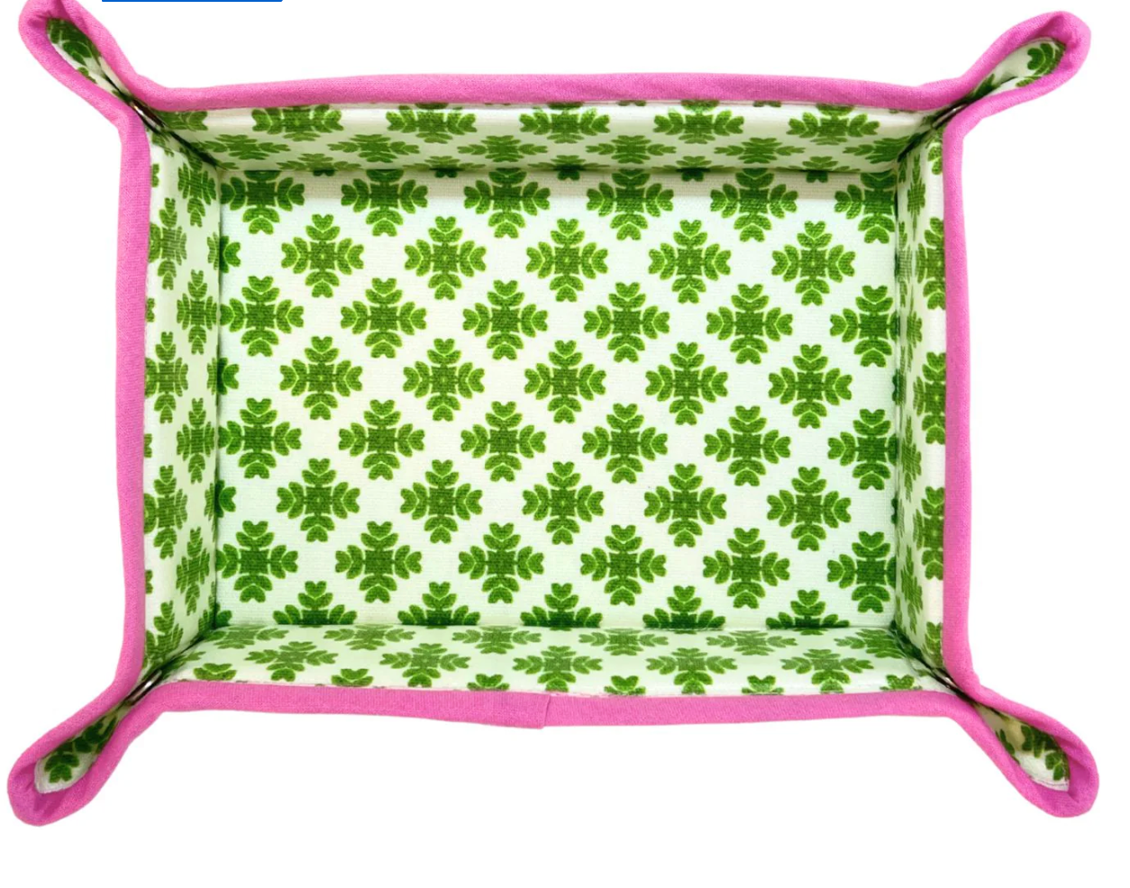 Brushstrokes Green Snap Tray by Laura Park Designs – waxed cotton decorative tray with green brushstroke pattern and pink trim, white background