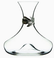 Menagerie crystal wine decanter with artichoke leaf metal accent, wide-base aeration design, clear crystal glass on white background"