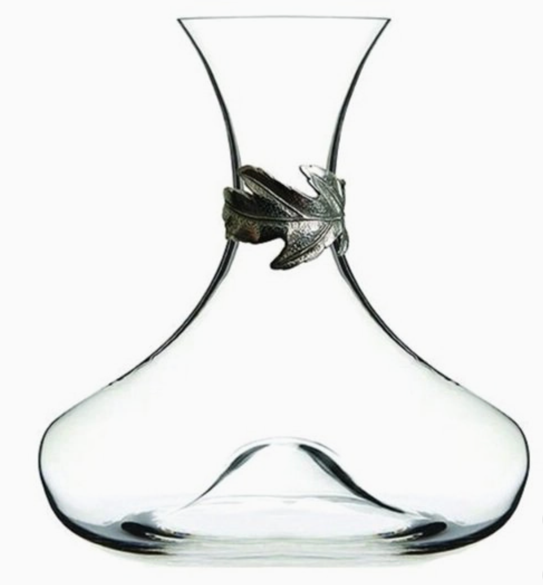 Menagerie crystal wine decanter with artichoke leaf metal accent, wide-base aeration design, clear crystal glass on white background"