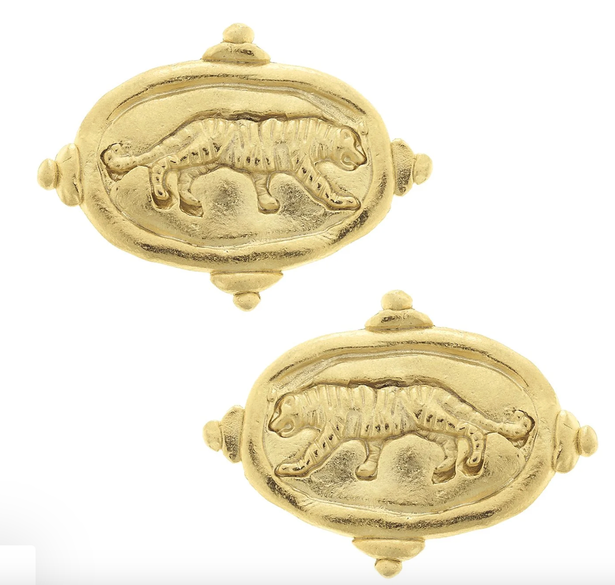 Pair of Susan Shaw oval stud gold earrings with tiger design on a white background