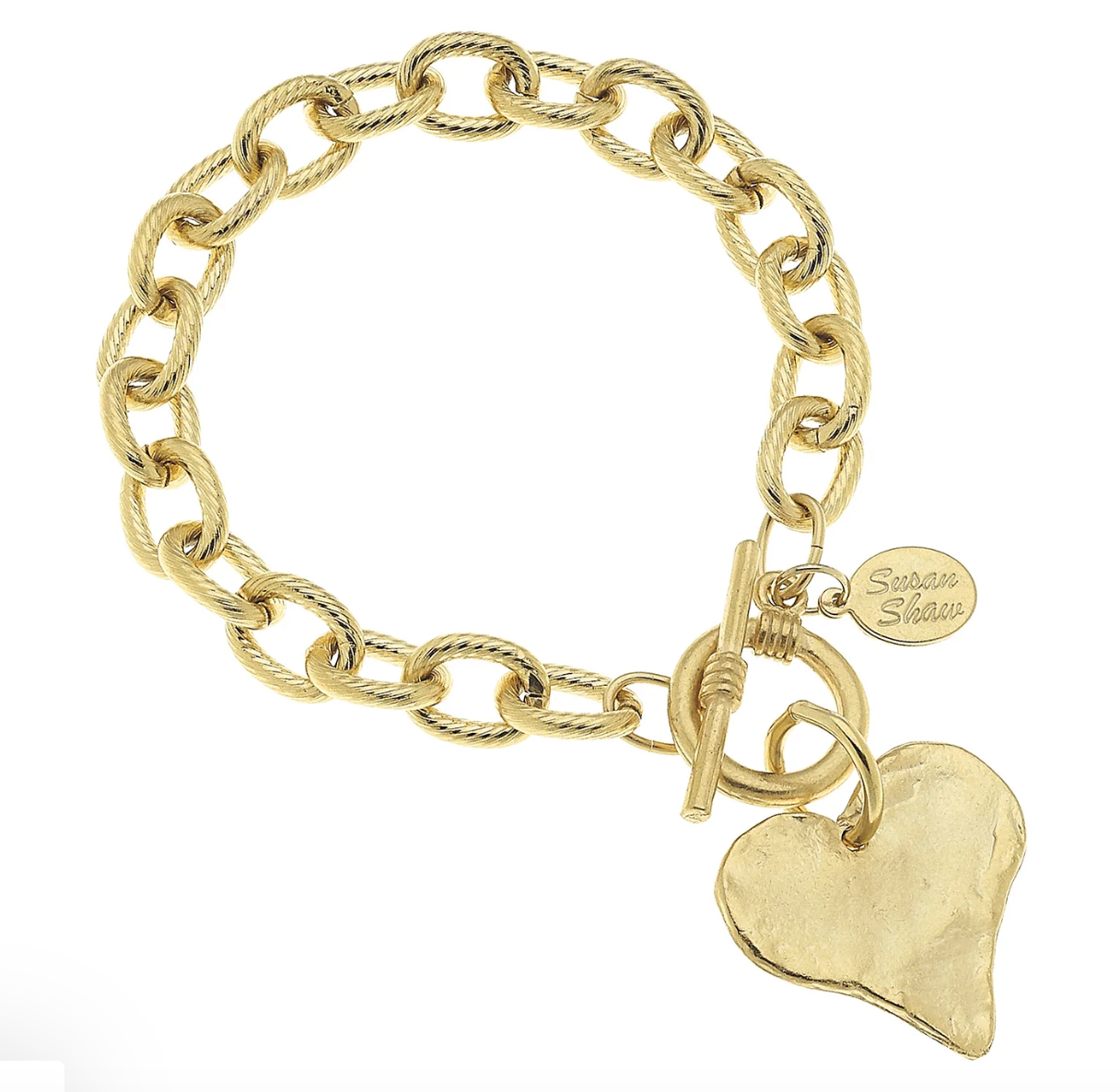 Susan Shaw Gold chain bracelet with a heart charm on a white background