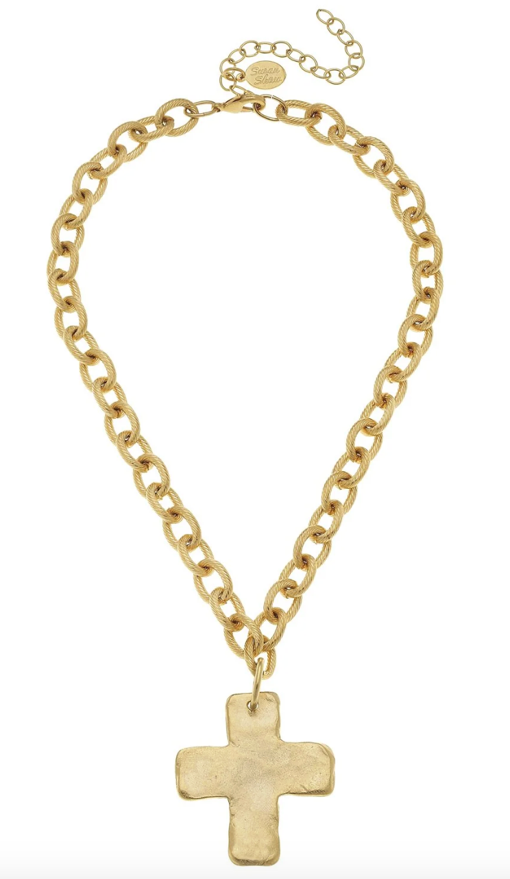 Susan Shaw Gold chain necklace with a cross pendant on a white background