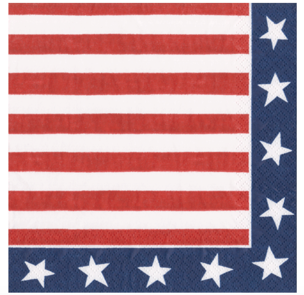 Caspari cocktail Napkin with American flag design featuring red, white, and blue colors.