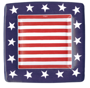 Caspari Square paper plate with American flag design featuring red and white stripes with navy border and white stars. 