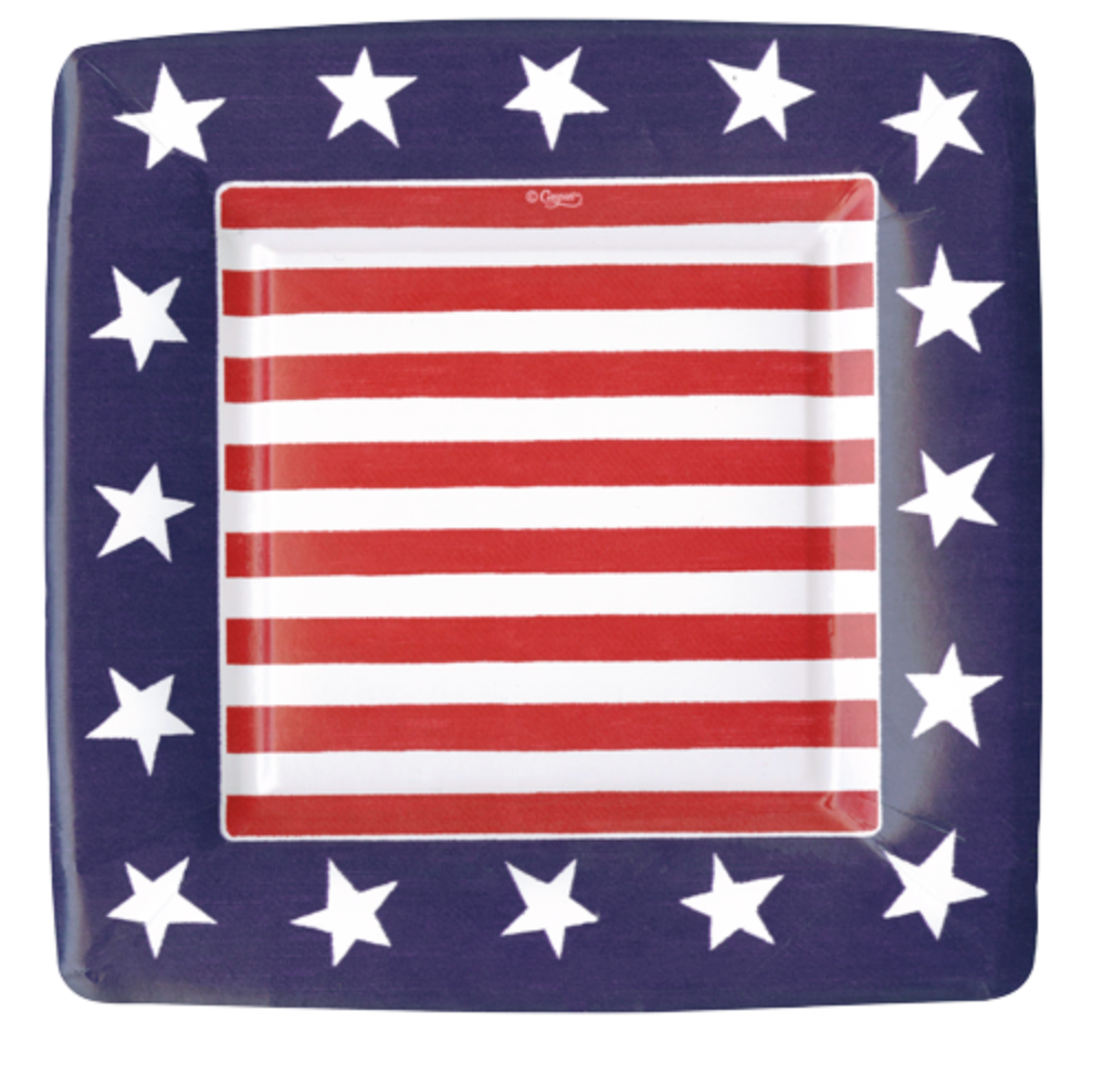 Caspari Square paper plate with American flag design featuring red and white stripes with navy border and white stars. 