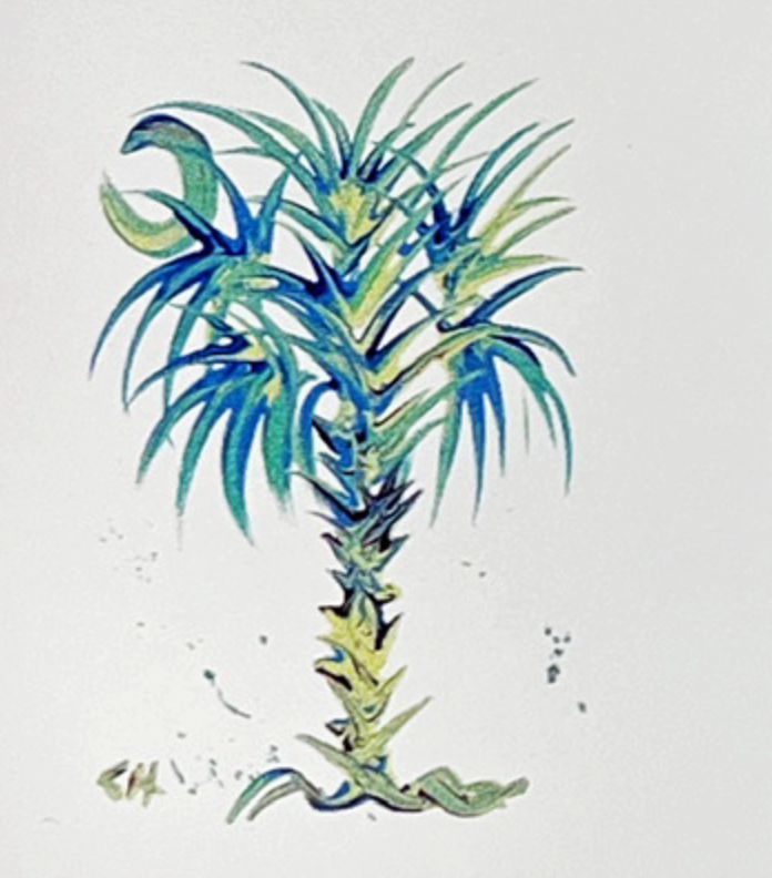 Image of the Turquoise Splendor Garden Flag art by Calmettos. it's of a palm tree with blue and green leaves on a light gray background
