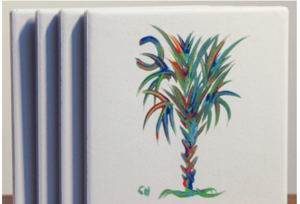   Set of 4 Calmettos Turquoise Splendor Palmetto Tree ceramic coasters with original watercolor artwork in turquoise and blue