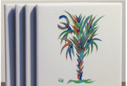   Set of 4 Calmettos Turquoise Splendor Palmetto Tree ceramic coasters with original watercolor artwork in turquoise and blue