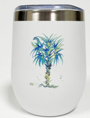 Turquoise Splender  white tumbler with a blue and green Palmetto palm tree design on a white background