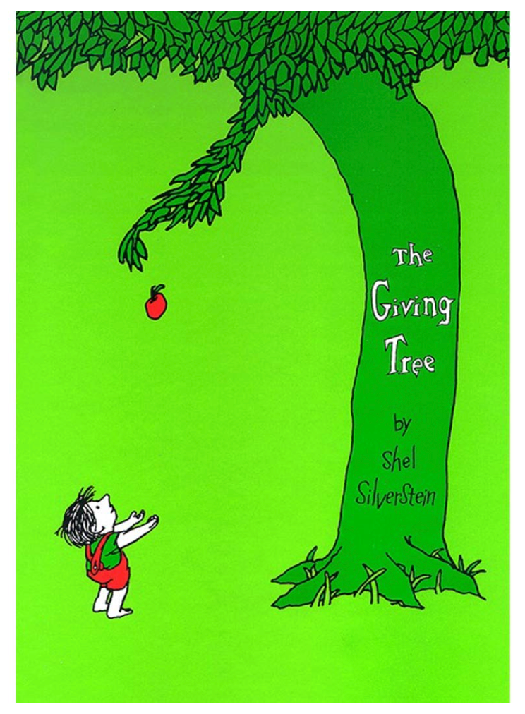 Book cover of 'The Giving Tree' by Shel Silverstein with a child and tree on a green background.