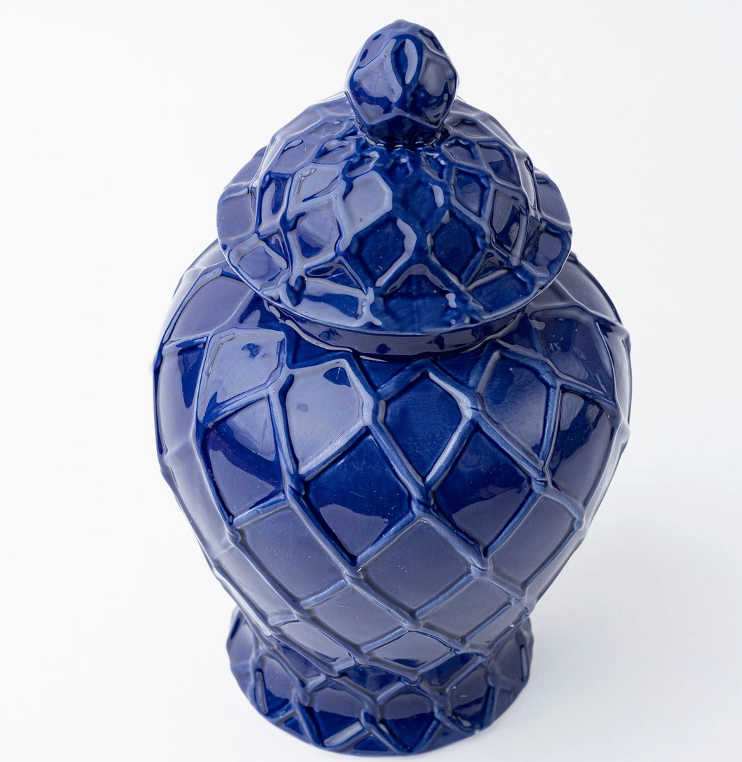 8 Oak Lane Brand Blue ceramic Large Ginger  jar with geometric pattern on a white background